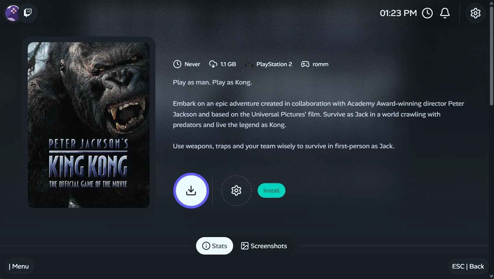 Game details screen of the app. Showing the rom Peter Jackson's King Kong Game in dark mode.