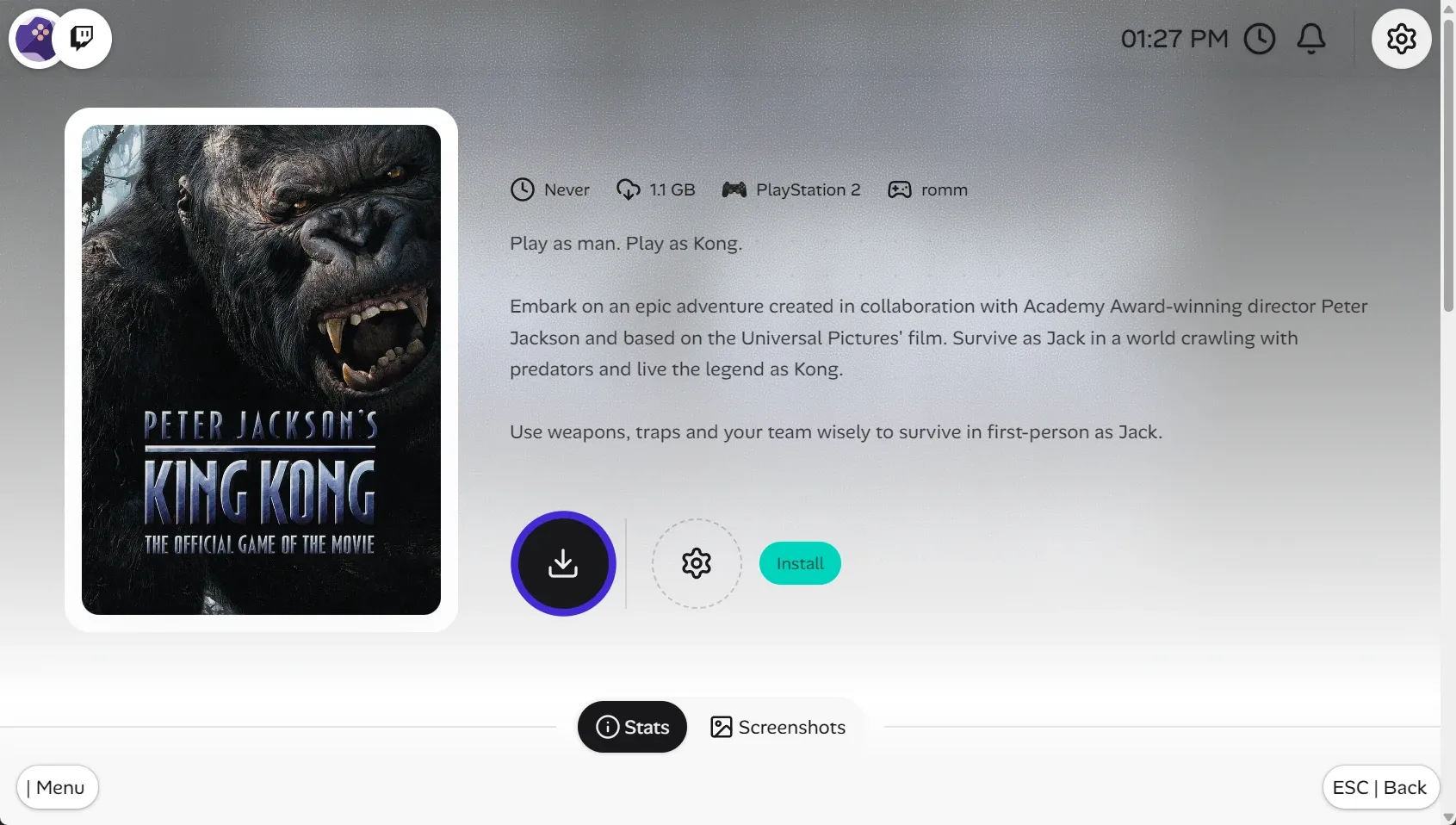 Game details screen of the app. Showing the rom Peter Jackson's King Kong Game in light mode.