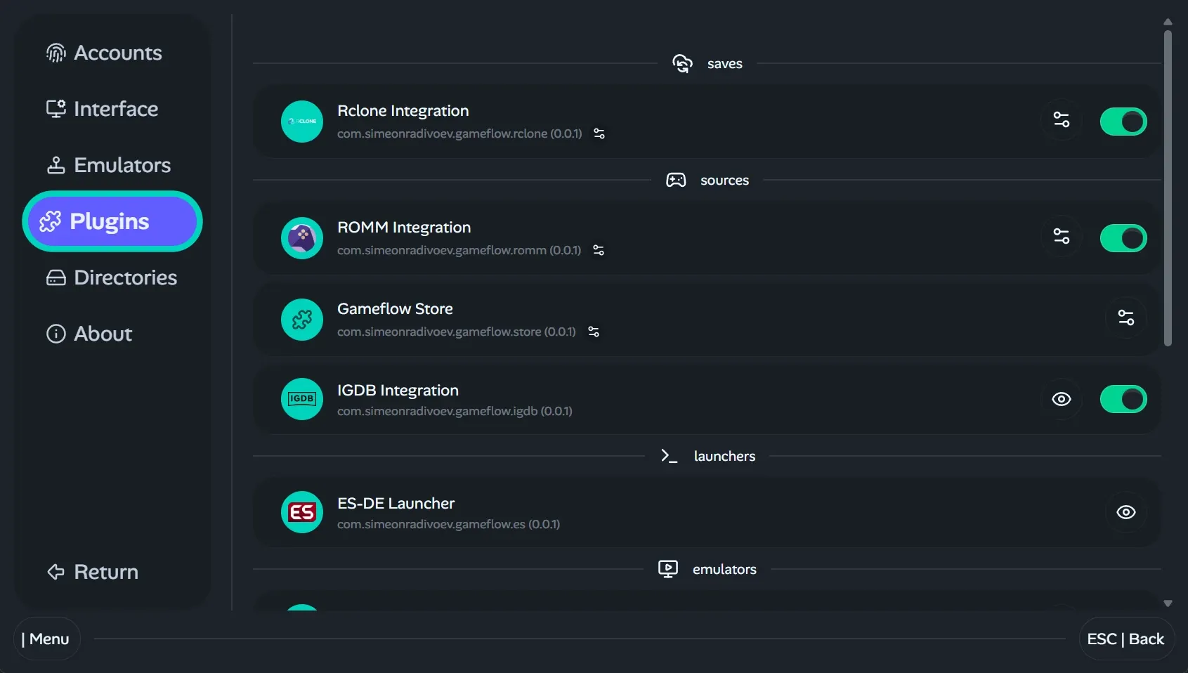 Showing the plugins page for the gameflow app. It shows internal plugins built into the app. Like ES-DE autoconfig or different emulator implementations. All this in dark mode.
