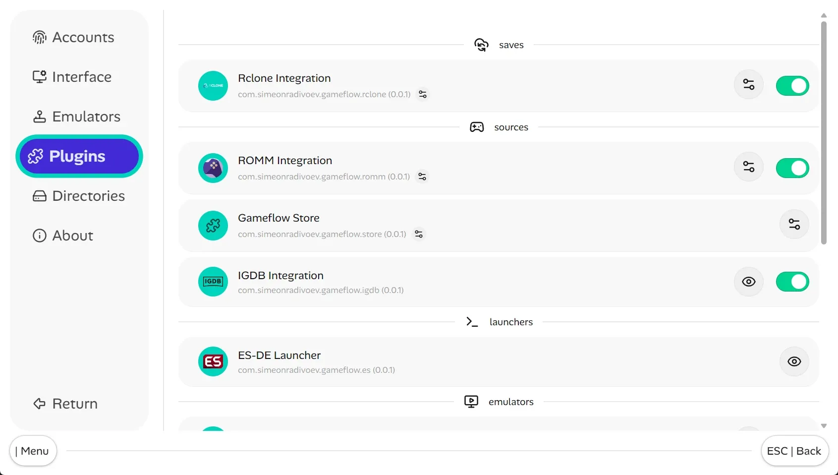 Showing the plugins page for the gameflow app. It shows internal plugins built into the app. Like ES-DE autoconfig or different emulator implementations. All this in light mode.