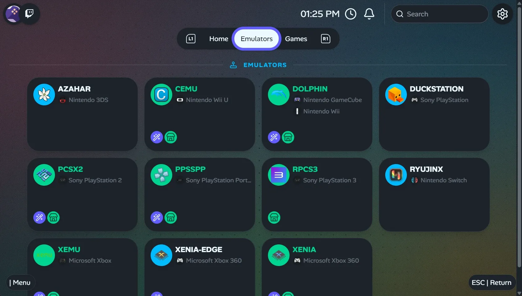 Showing all emulator for download that will be fully supported by gameflow. Where you can easily install emulators and download firmware if you have romm setup. All this in dark mode.